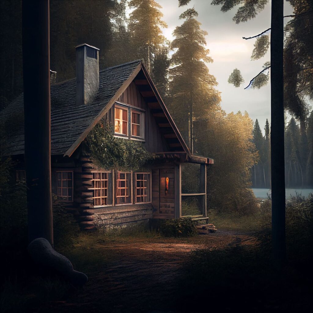 cabin in the woods by a lake
