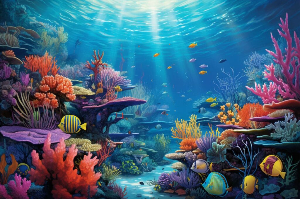 An underwater scene near a coral reef